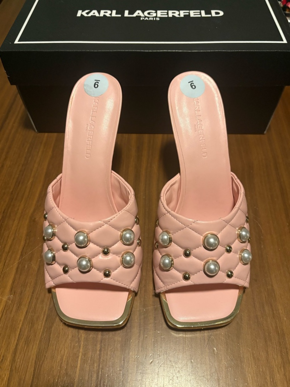 Karl Lagerfeld Pink Quilted Pearl-Stud Slide Sandals